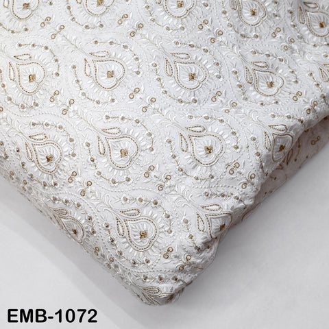 White and Gold Indian Embroidery Fabric by the Yard – Viscose Dupioni for Costumes, Crafts