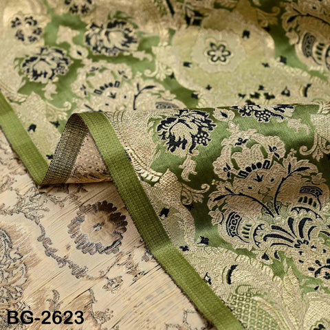 Olive Green Banarasi Brocade Fabric by Yard, Blended Silk Dress Material Sewing Home Décor