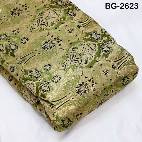 Olive Green Banarasi Brocade Fabric by Yard, Blended Silk Dress Material Sewing Home Décor
