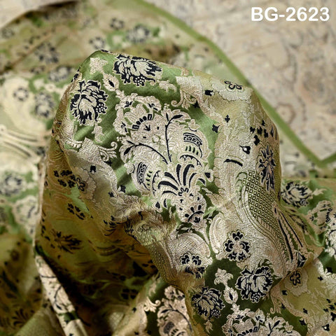 Olive Green Banarasi Brocade Fabric by Yard, Blended Silk Dress Material Sewing Home Décor