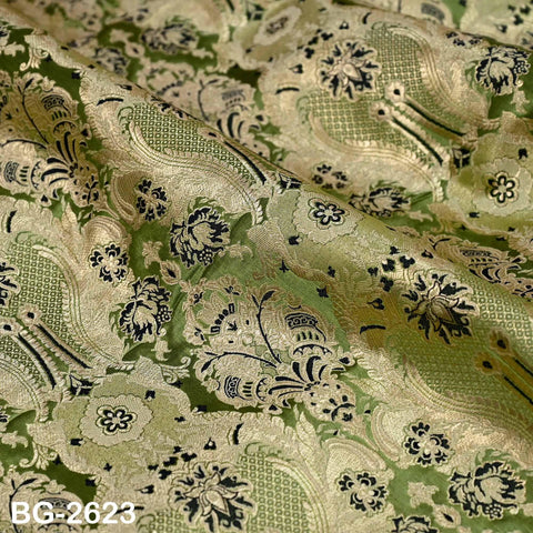 Olive Green Banarasi Brocade Fabric by Yard, Blended Silk Dress Material Sewing Home Décor