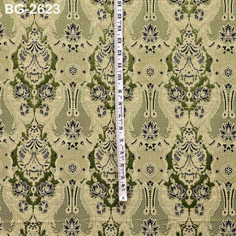 Olive Green Banarasi Brocade Fabric by Yard, Blended Silk Dress Material Sewing Home Décor