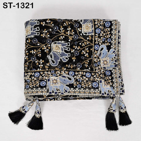 Black Elephant Embroidered Net Dupatta: Sequin Floral Design, Bridal Stole Wrap