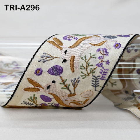 Embroidered Rabbits Trim Ribbon – 75mm Indian Sari Border for Sewing, Crafts, Décor