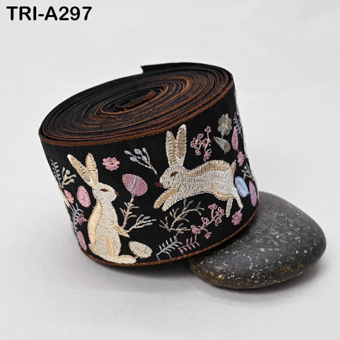 Embroidered Rabbits Trim Ribbon – 75mm Indian Sari Border for Sewing, Crafts, Décor