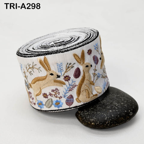 Embroidered Beige Rabbits Trim Ribbon – 75mm Indian Sari Border for Sewing, Crafts, Décor