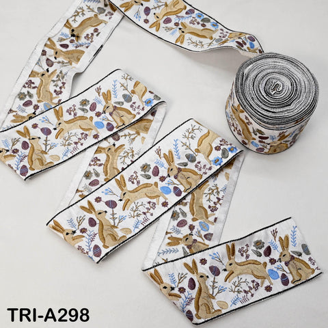 Embroidered Beige Rabbits Trim Ribbon – 75mm Indian Sari Border for Sewing, Crafts, Décor
