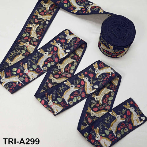 Embroidered Rabbits Trim Ribbon on Navy Blue Denim Fabric– 75mm Indian Sari Border for Sewing, Crafts, Décor
