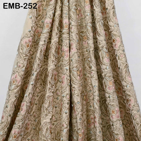 Tan Embroidered Fabric by the yard Sewing DIY Crafting Indian Embroidery Wedding Dress Costumes Bags Cushion Covers Table Runners Blouses