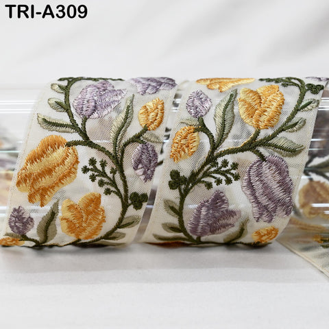 9 Yard Yellow Floral Embroidered Trim: Embellishment Sewing Sari Border belt Ribbon Decorative Dress Lace Embroidery Handbag decor Border