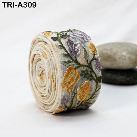 9 Yard Yellow Floral Embroidered Trim: Embellishment Sewing Sari Border belt Ribbon Decorative Dress Lace Embroidery Handbag decor Border
