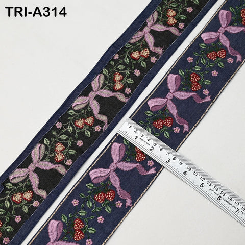 9 Yard Embroidered Denim Trim: Indian Sari Border Ribbon, 8cm Victorian Handbags, Home Decor Sewing Accessory