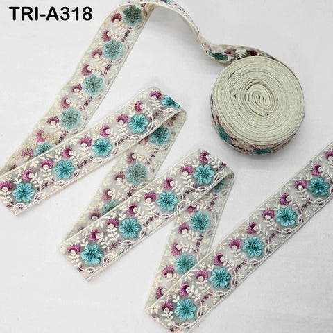 9 Yard Sea Green Indian Embroidery Ribbon 5cm Trim Sari Border DIY Crafting Sewing Embroidered Shoe making Designer Curtain Decor Trimmings