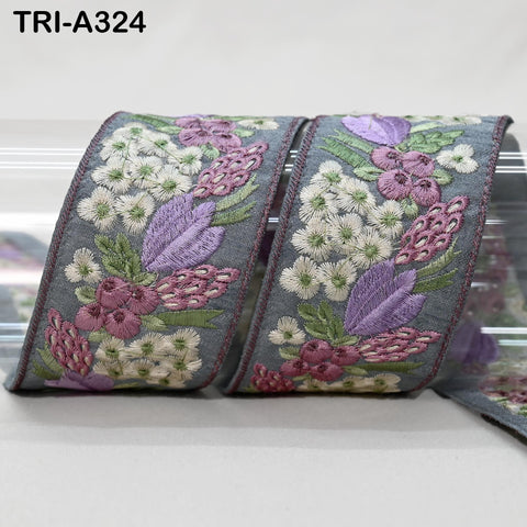 9 Yard Grey Indian Embroidery Ribbon 5cm Trim Sari Border DIY Craft Embroidery Lampshade Regency Reticules, Victorian Handbags Junk Journal