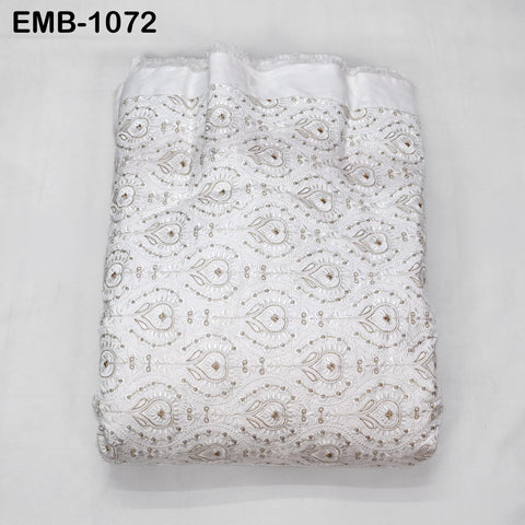 White and Gold Indian Embroidery Fabric by the Yard – Viscose Dupioni for Costumes, Crafts