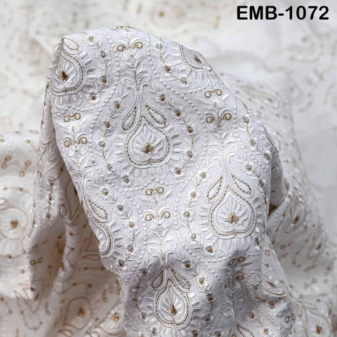 White and Gold Indian Embroidery Fabric by the Yard – Viscose Dupioni for Costumes, Crafts