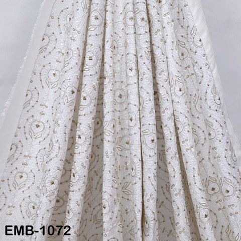 White and Gold Indian Embroidery Fabric by the Yard – Viscose Dupioni for Costumes, Crafts