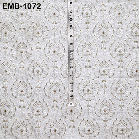 White and Gold Indian Embroidery Fabric by the Yard – Viscose Dupioni for Costumes, Crafts