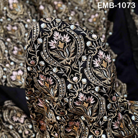 Black Modal Satin Embroidered Fabric by the Yard: Indian Crafting, Wedding Apparel, Home Décor