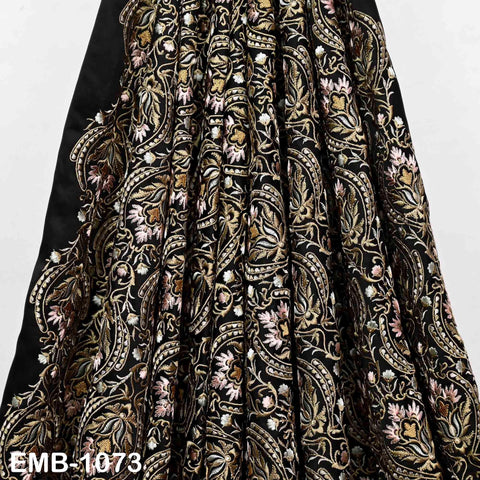 Black Modal Satin Embroidered Fabric by the Yard: Indian Crafting, Wedding Apparel, Home Décor