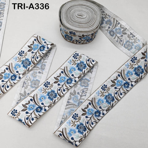 Blue Embroidered Sari Border Ribbon: Floral Trim for Crafts, Sewing, Home Decor (9 Yards)