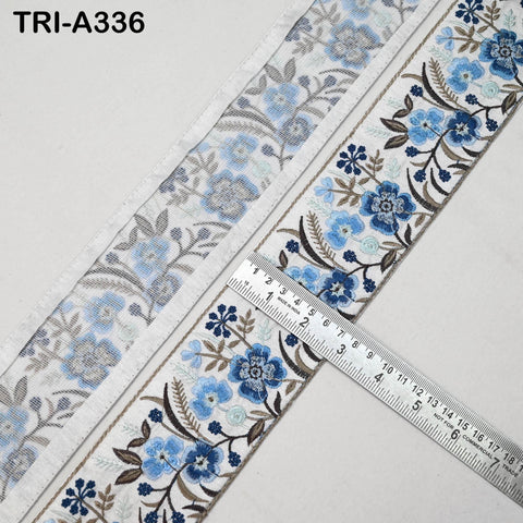 Blue Embroidered Sari Border Ribbon: Floral Trim for Crafts, Sewing, Home Decor (9 Yards)