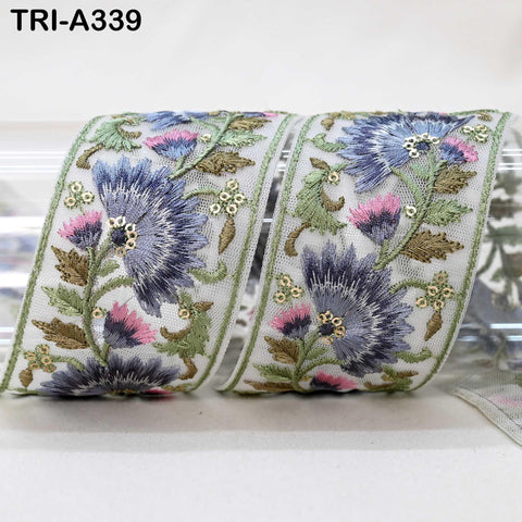9 Yard Blue Floral Indian Embroidery Ribbon Trim – 2 Inch Sari Border for Crafts