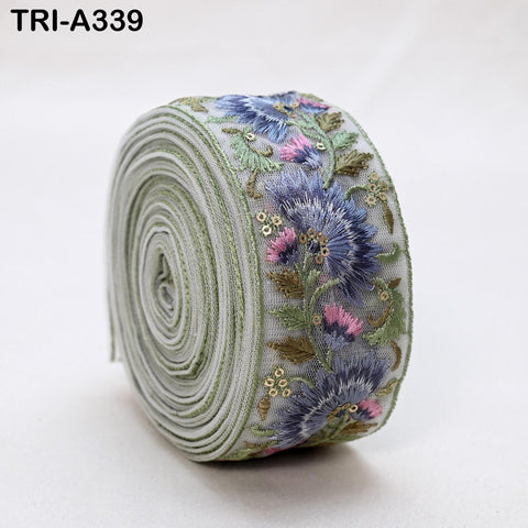 9 Yard Blue Floral Indian Embroidery Ribbon Trim – 2 Inch Sari Border for Crafts