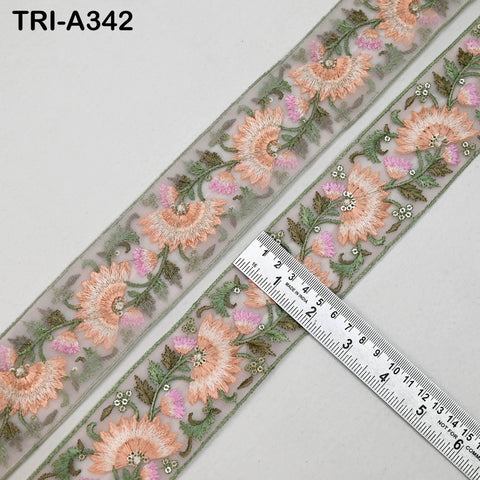 9 Yard Peach Floral Indian Embroidery Ribbon Trim – 2 Inch Sari Border for Crafts