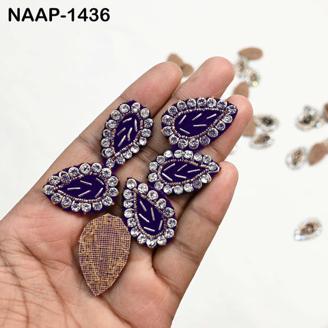 100 Pcs Navy Blue & Gold Rhinestone Leaf Patches (3 cm) | Zardozi Embroidered Sew-On Appliques for Bridal Lehenga, Saree Blouse, Crafting