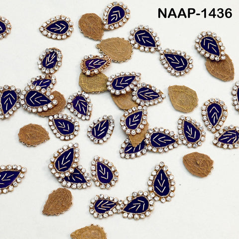 100 Pcs Navy Blue & Gold Rhinestone Leaf Patches (3 cm) | Zardozi Embroidered Sew-On Appliques for Bridal Lehenga, Saree Blouse, Crafting