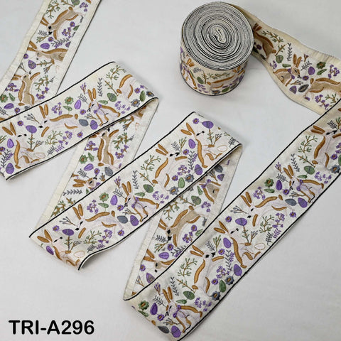 Embroidered Rabbits Trim Ribbon – 75mm Indian Sari Border for Sewing, Crafts, Décor