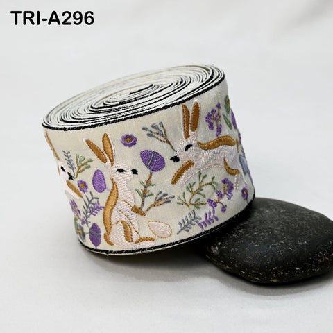 Embroidered Rabbits Trim Ribbon – 75mm Indian Sari Border for Sewing, Crafts, Décor