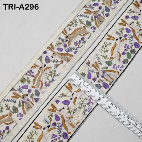 Embroidered Rabbits Trim Ribbon – 75mm Indian Sari Border for Sewing, Crafts, Décor