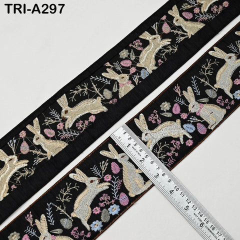 Embroidered Rabbits Trim Ribbon – 75mm Indian Sari Border for Sewing, Crafts, Décor