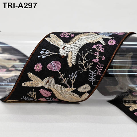 Embroidered Rabbits Trim Ribbon – 75mm Indian Sari Border for Sewing, Crafts, Décor