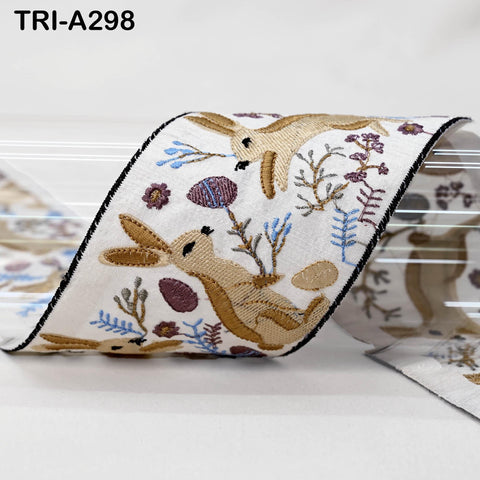 Embroidered Beige Rabbits Trim Ribbon – 75mm Indian Sari Border for Sewing, Crafts, Décor