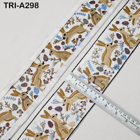 Embroidered Beige Rabbits Trim Ribbon – 75mm Indian Sari Border for Sewing, Crafts, Décor