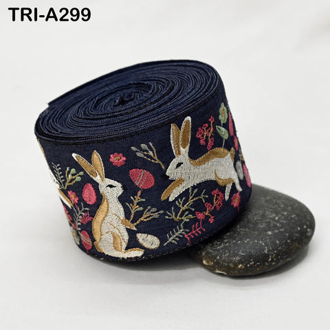 Embroidered Rabbits Trim Ribbon on Navy Blue Denim Fabric– 75mm Indian Sari Border for Sewing, Crafts, Décor