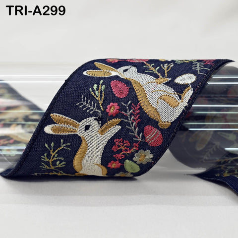 Embroidered Rabbits Trim Ribbon on Navy Blue Denim Fabric– 75mm Indian Sari Border for Sewing, Crafts, Décor