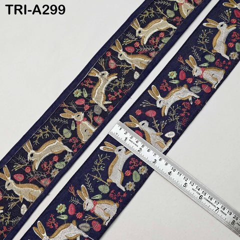 Embroidered Rabbits Trim Ribbon on Navy Blue Denim Fabric– 75mm Indian Sari Border for Sewing, Crafts, Décor
