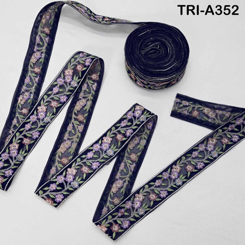 Navy Blue Floral Embroidery Ribbon Trim – 4cm Sari Embellishment for Crafts Embroidered Crafting Tote Bags Trimming Curtains Headband Border