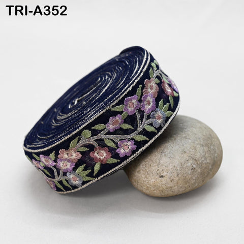 Navy Blue Floral Embroidery Ribbon Trim – 4cm Sari Embellishment for Crafts Embroidered Crafting Tote Bags Trimming Curtains Headband Border