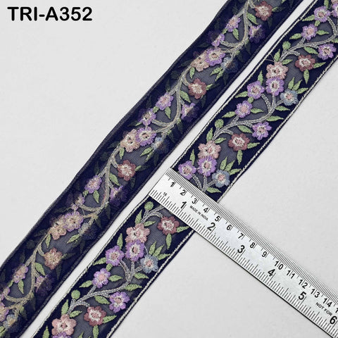 Navy Blue Floral Embroidery Ribbon Trim – 4cm Sari Embellishment for Crafts Embroidered Crafting Tote Bags Trimming Curtains Headband Border