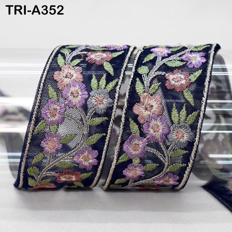 Navy Blue Floral Embroidery Ribbon Trim – 4cm Sari Embellishment for Crafts Embroidered Crafting Tote Bags Trimming Curtains Headband Border