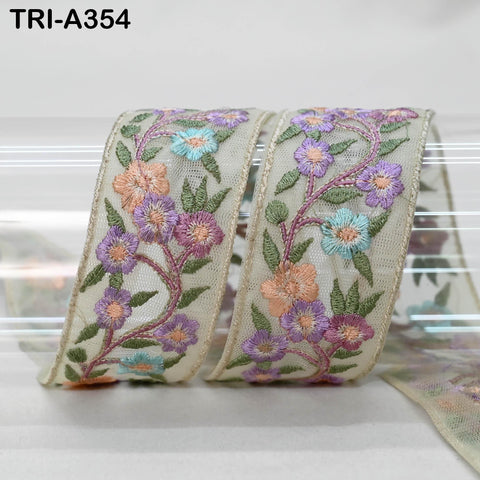 9 Yard Lavender Embroidery Ribbon 4cm Trim Embroidered Indian Sari Embellishments Crafting Tote Bags Trimming Headbands Saree Border