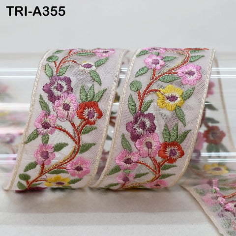 Embroidered Pink Floral Ribbon Trim – 4cm Wide Indian Sari Embellishment for Crafts