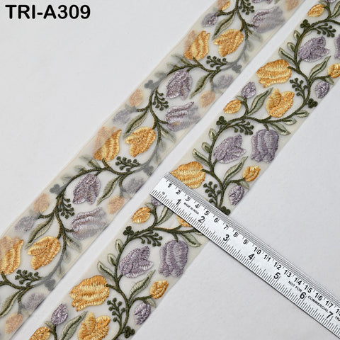 9 Yard Yellow Floral Embroidered Trim: Embellishment Sewing Sari Border belt Ribbon Decorative Dress Lace Embroidery Handbag decor Border