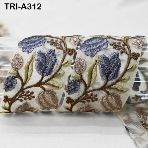 9 Yard Grey Floral Embroidered Trim: Sewing Sari Border Ribbon Embellishments DIY Crafting Wear Saree Sari Border Embroidered