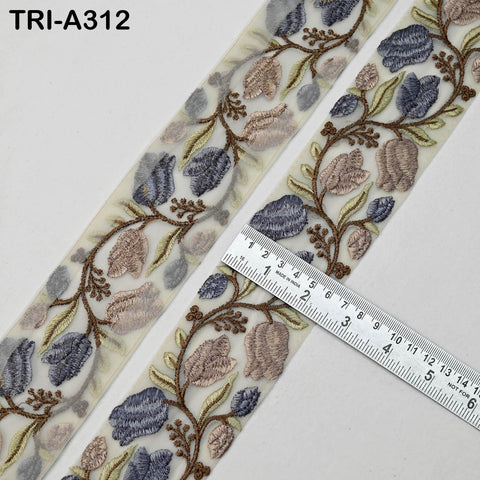 9 Yard Grey Floral Embroidered Trim: Sewing Sari Border Ribbon Embellishments DIY Crafting Wear Saree Sari Border Embroidered
